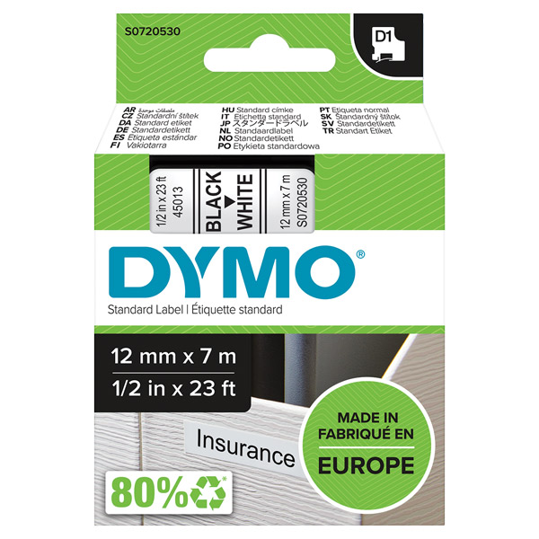 DYMO 45013 D1 LABELLING TAPE 12MM X 7M BLACK ON WHITE Direct Office  Products Depot