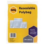 MARBIG PLASTIC BAG RESEALABLE 45MU W230 X L305MM CLEAR WITH WRITING PANEL PACK 25