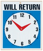 HEADLINE SIGN WILL RETURN CLOCK 190 X 230MM BLUEBLACKWHITE