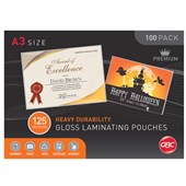 GBC LAMINATING POUCH GLOSS 125 MICRON A3 CLEAR PACK 100