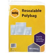 MARBIG PLASTIC BAG RESEALABLE 45MU W305 X L440MM CLEAR WITH WRITING PANEL PACK 25