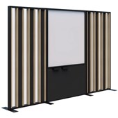 CONNECT FIN FREESTANDING DIVIDER WITH CHARCOAL ACOUSTIC GLAZED PANELS AND WHITEBOARD 1890HX3000W BLACK FRAME CLASSIC OAK FIN